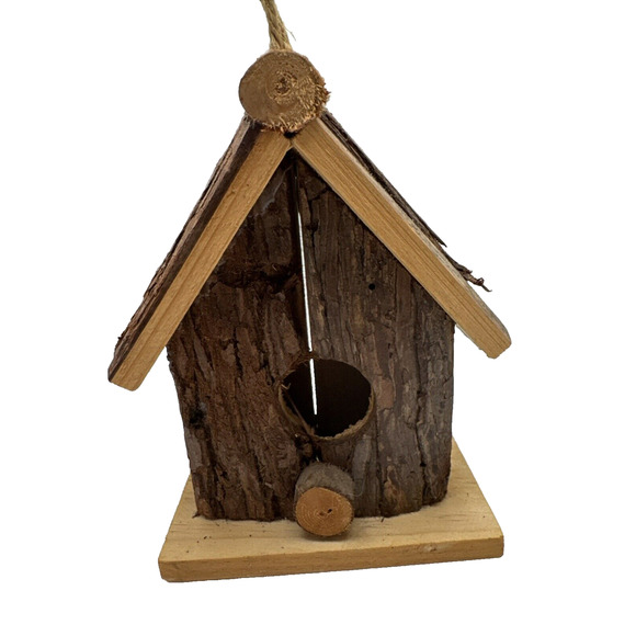 Rustic Farmhouse Cabin Wooden Bird House - Wood Bark Hanging Perch - Picture 2 of 6